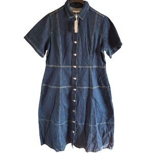Free Assembly Women's 2XL Denim Short Sleeve Button Midi-Dress Dark Indigo Wash